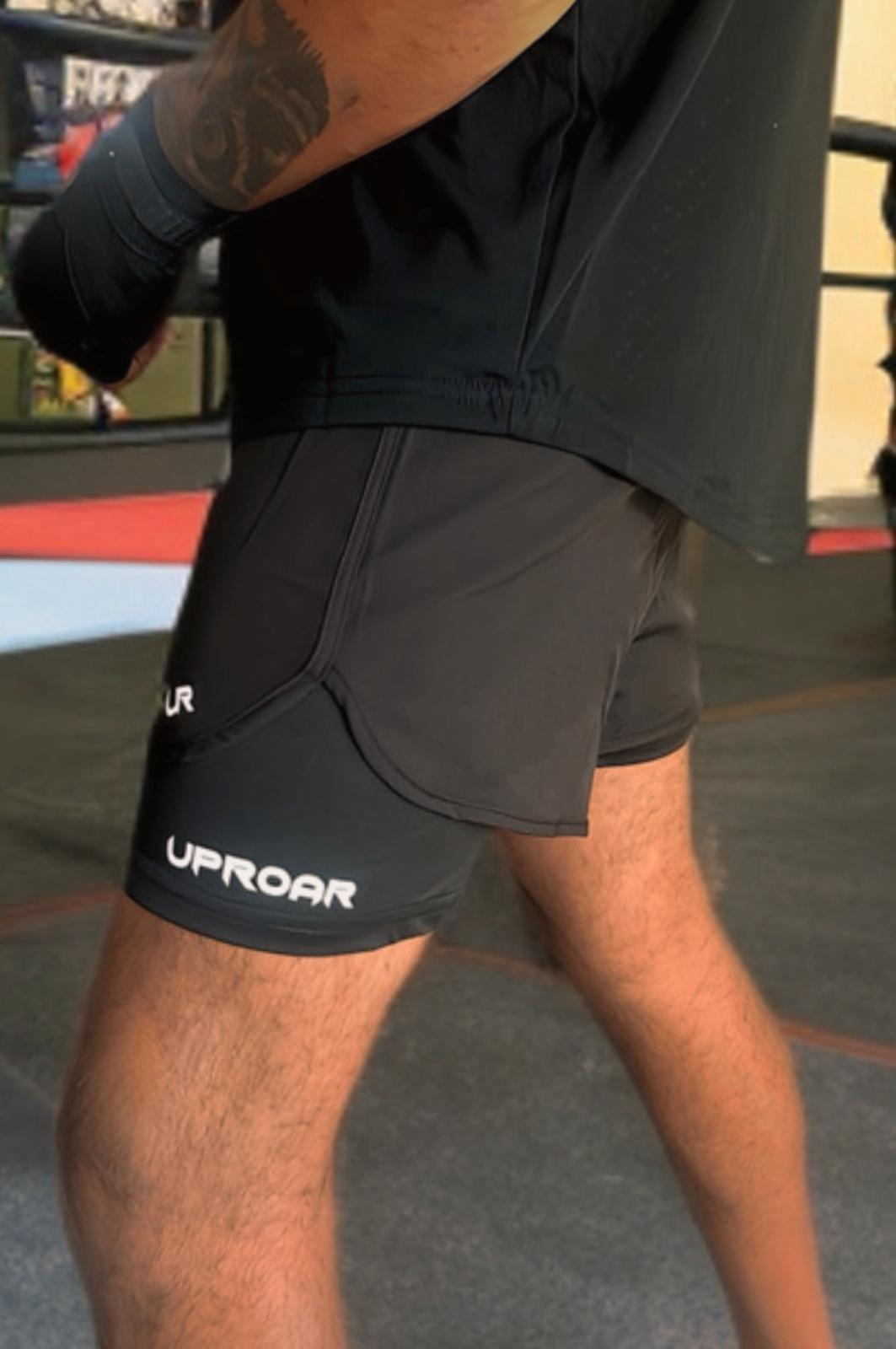 no-gi shorts, 2n1 training shorts, black compression shorts, hybrid shorts, martial arts gear, gym gear, black shorts, inner pocket