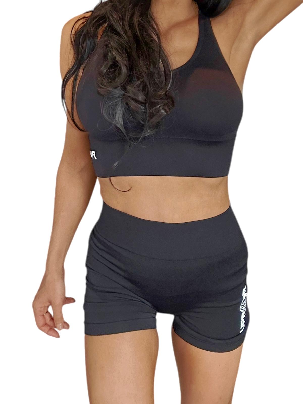 Black ribbed biker shorts for women, high waist for core support, compression fit, contrasting white logo, squat proof and camel toe proof, seamless, durable material