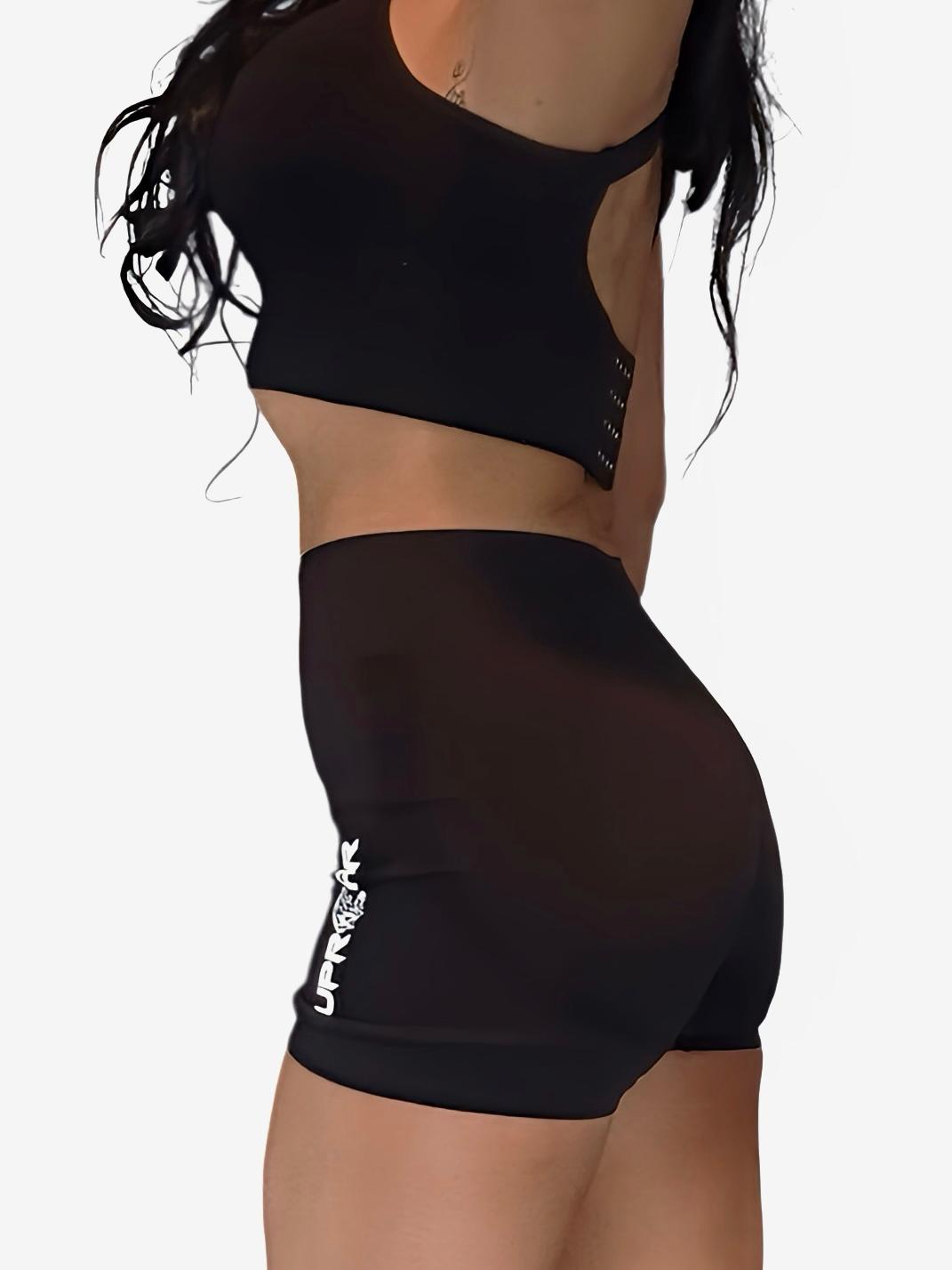 Black ribbed biker shorts for women, high waist for core support, compression fit, contrasting white logo, squat proof and camel toe proof, seamless, durable material