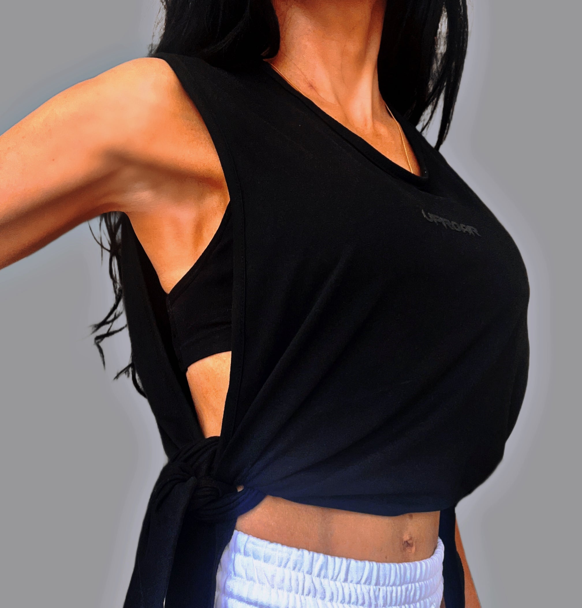 Black tie up top, womens tie up tops, womens tops, womens activewear, gym tops for women, adjustable top womens, black adjustable tie-up top, womens gym wear, black top womens