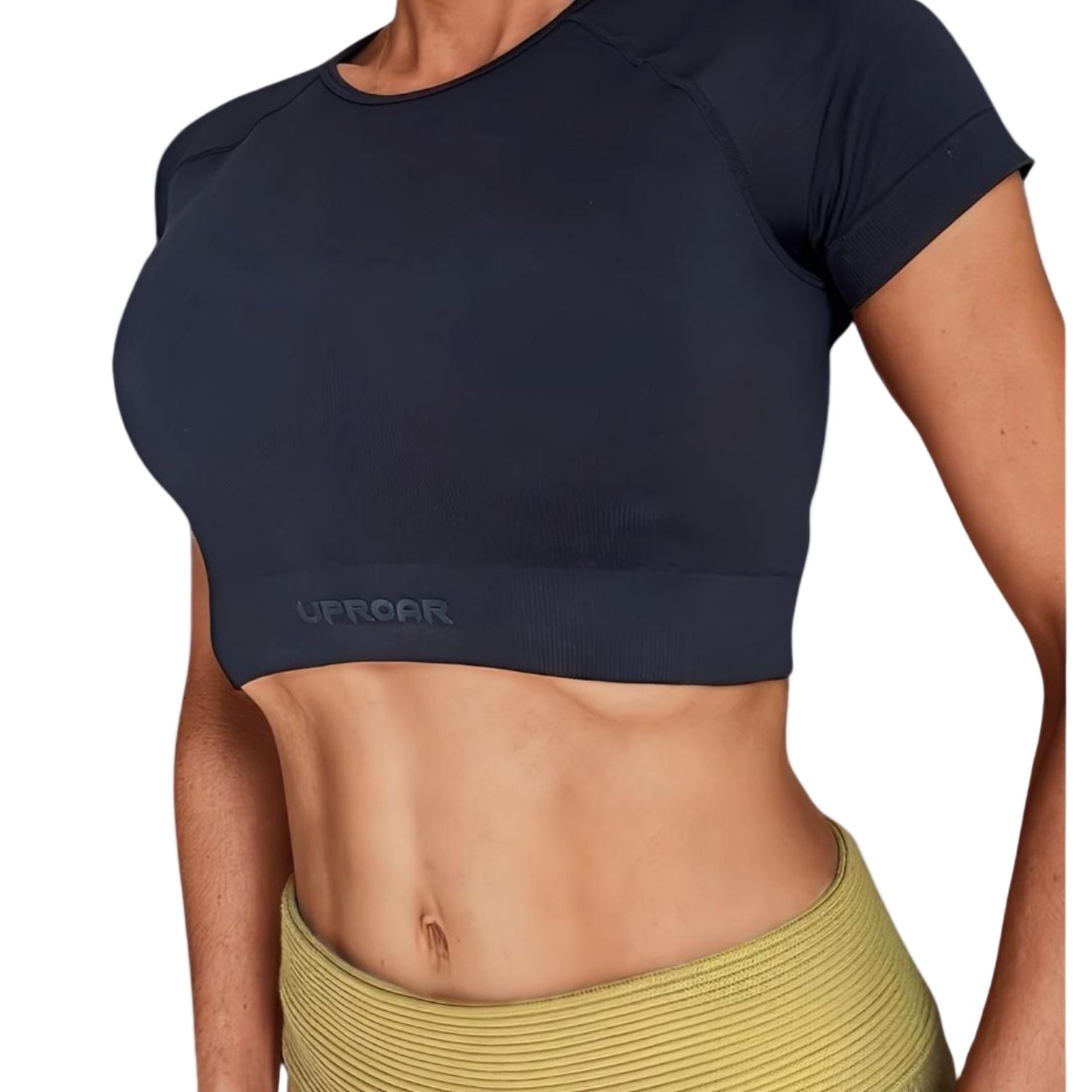 Ribbed crop top for women with short sleeves. Semi compression, colour black with uproar logo