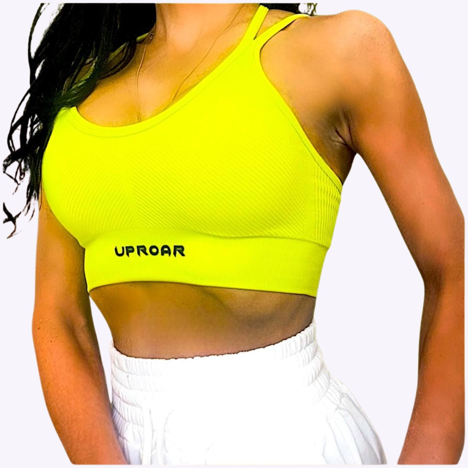 ribbed sports bra bright colours for running and intense workout, fluro green and yellow