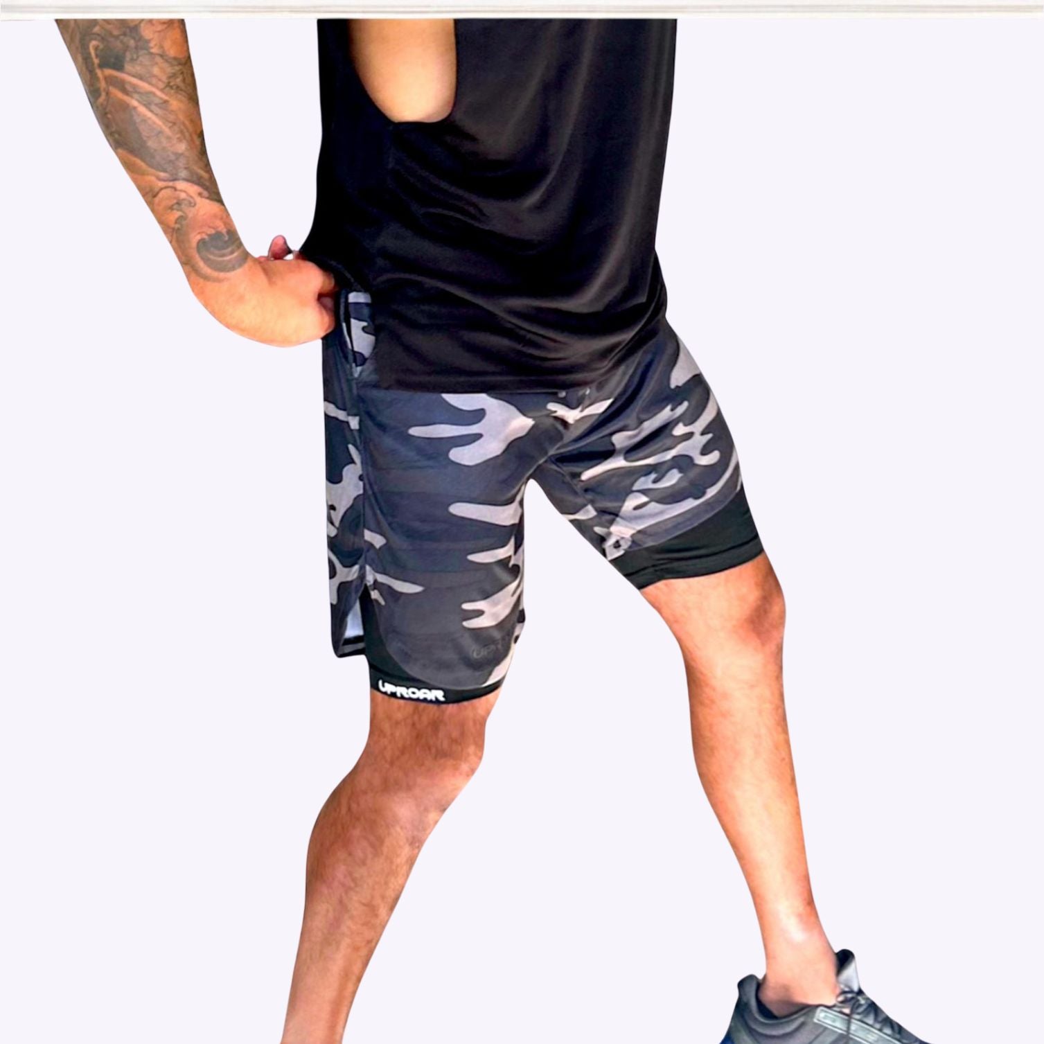 2 in 1 training shorts, training shorts, gym shorts, gym wear, camouflage shorts, camo shorts, 2 in 1 shorts, compression shorts, shorts, gym, training, black shorts.