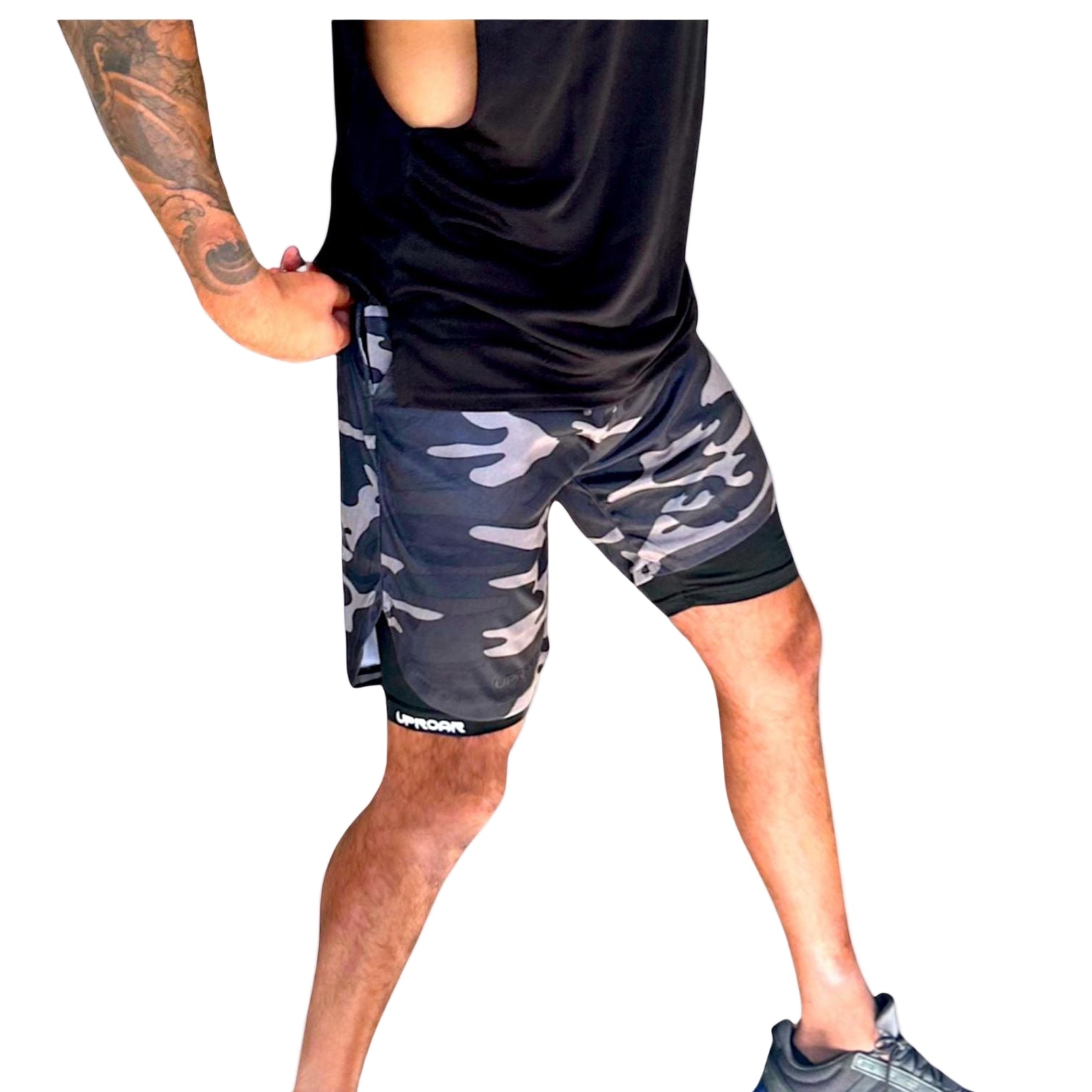 2 in 1 training shorts, training shorts, gym shorts, gym wear, camouflage shorts, camo shorts, 2 in 1 shorts, compression shorts, shorts, gym, training, black shorts.