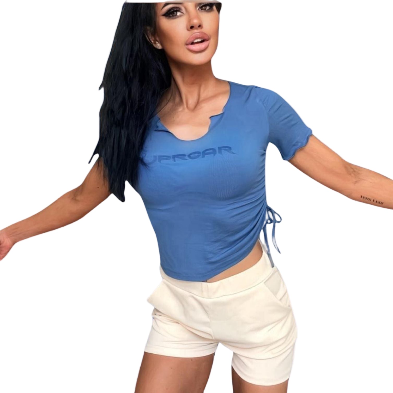 womens crop top, drawstring crop, textured crop top, ribbed crop top, fitted crop top, v-neck crop, v-neck top women, adjustable crop