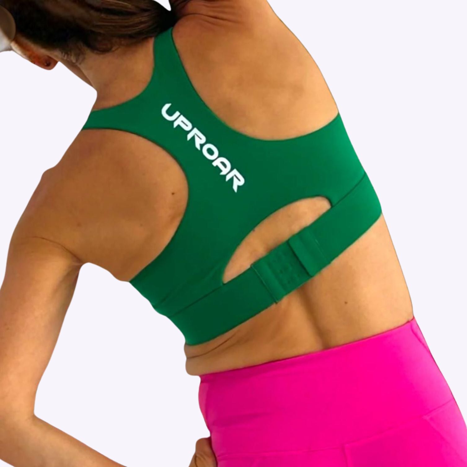 Green sports bra for High Impact sports with adjustable back strap for perfect fitting matches perfectly with UPROARS pink leggings