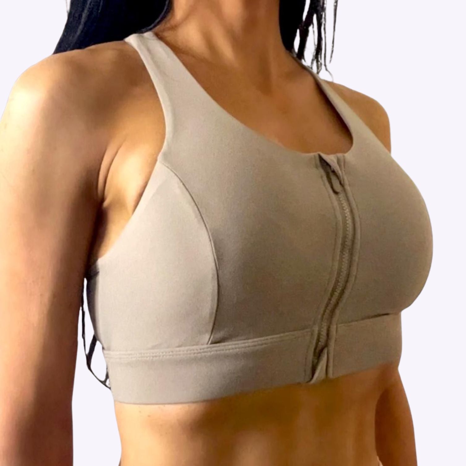 Women's running bra for high impact, with compression and secure fit, removable pad inserts, front zip in coffee colour