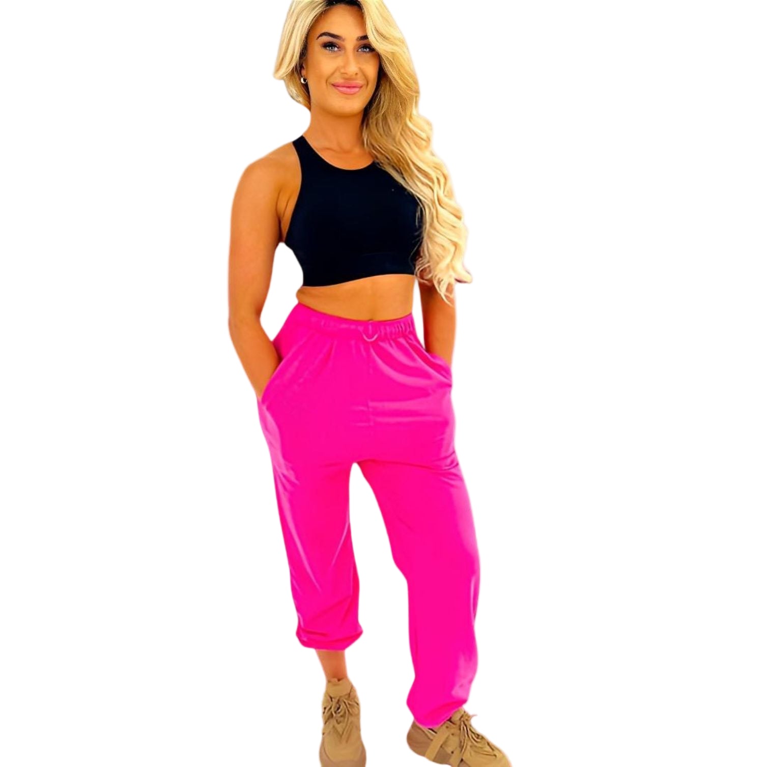 pink track pants for women with drop crotch, drawstring waist, elastic cuffed ankles and oversized look