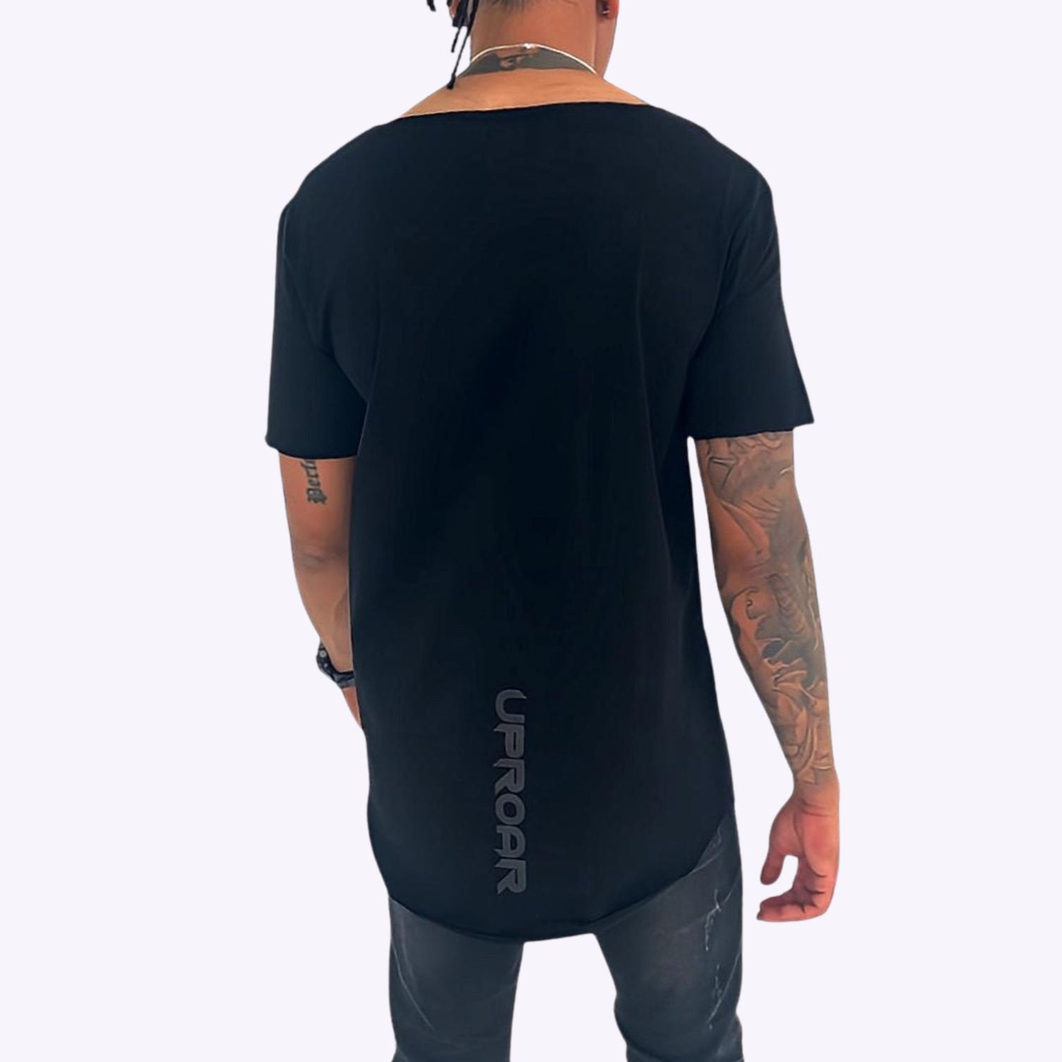 Mens Longline Curved Hem Cotton short sleeve shirt with extra wide rounded open neck and raw hem cut pure comfort wear