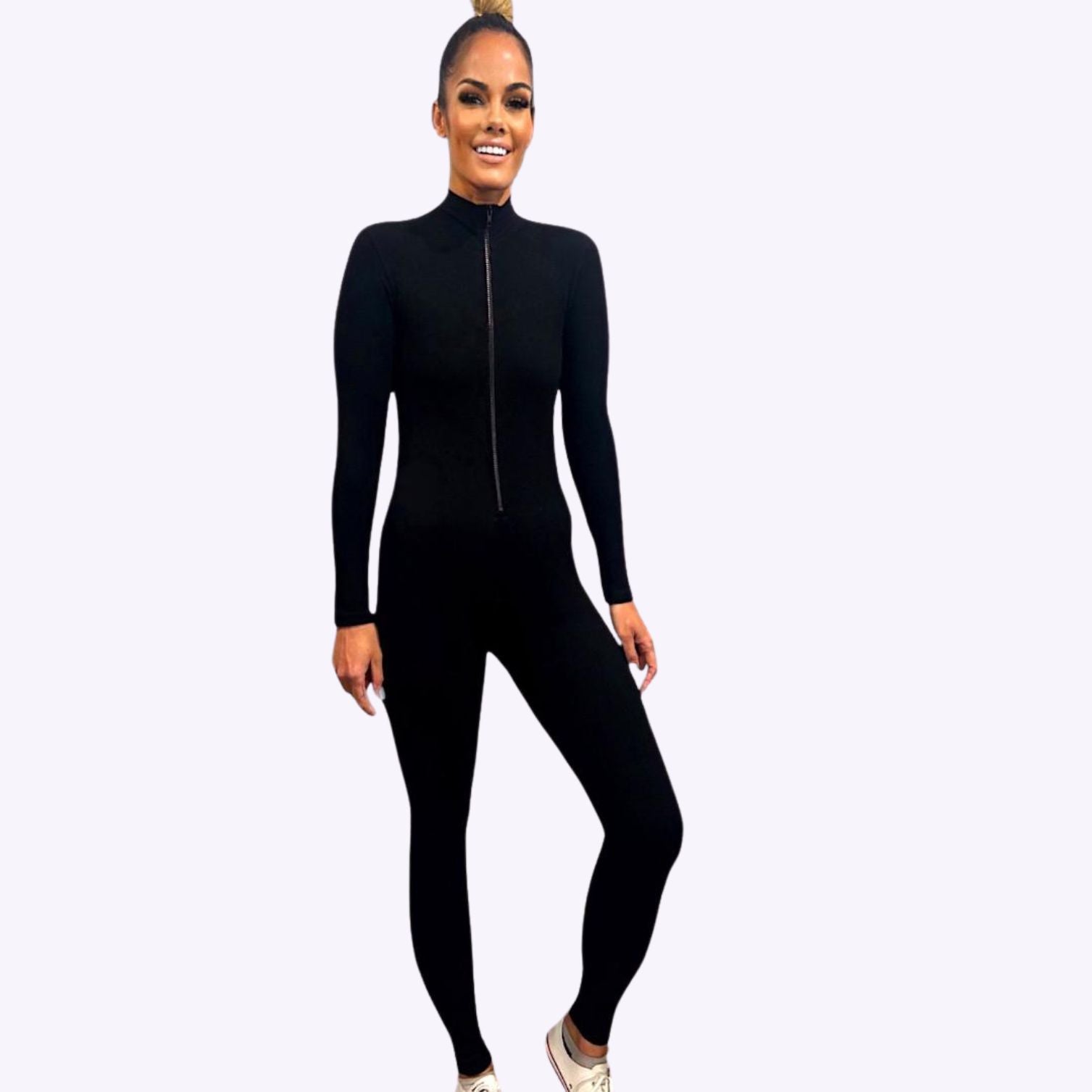 Ribbed Bodysuit Full length Front Full Zipper BLACK