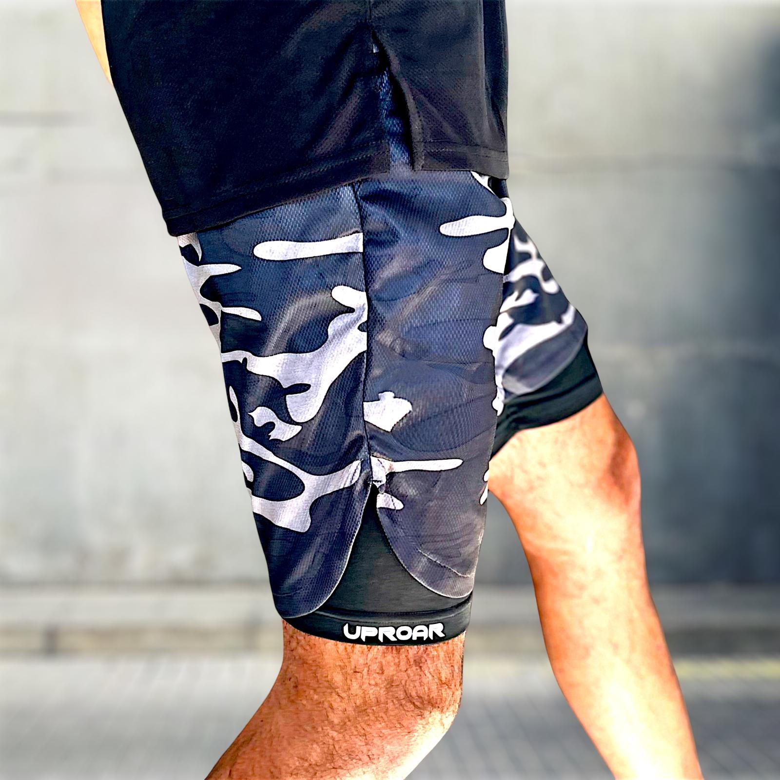 2 in 1 training shorts, training shorts, gym shorts, gym wear, camouflage shorts, camo shorts, 2 in 1 shorts, compression shorts, shorts, gym, training, black shorts.