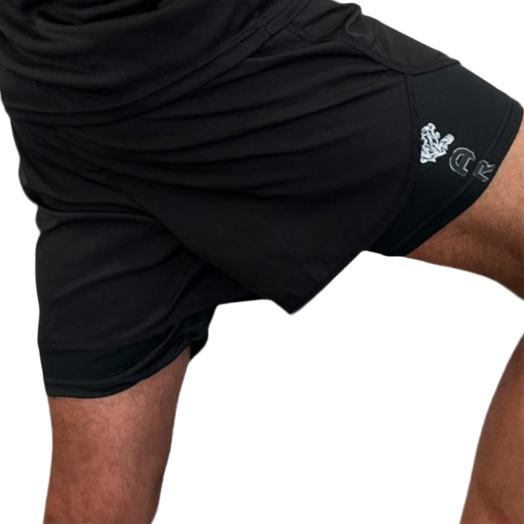 mens black 2n1 shorts, mens black training shorts, shorts for martial arts, MMA shorts black, compression shorts men, black compression shorts for no Gi- wear, black gym shorts for men no pockets
