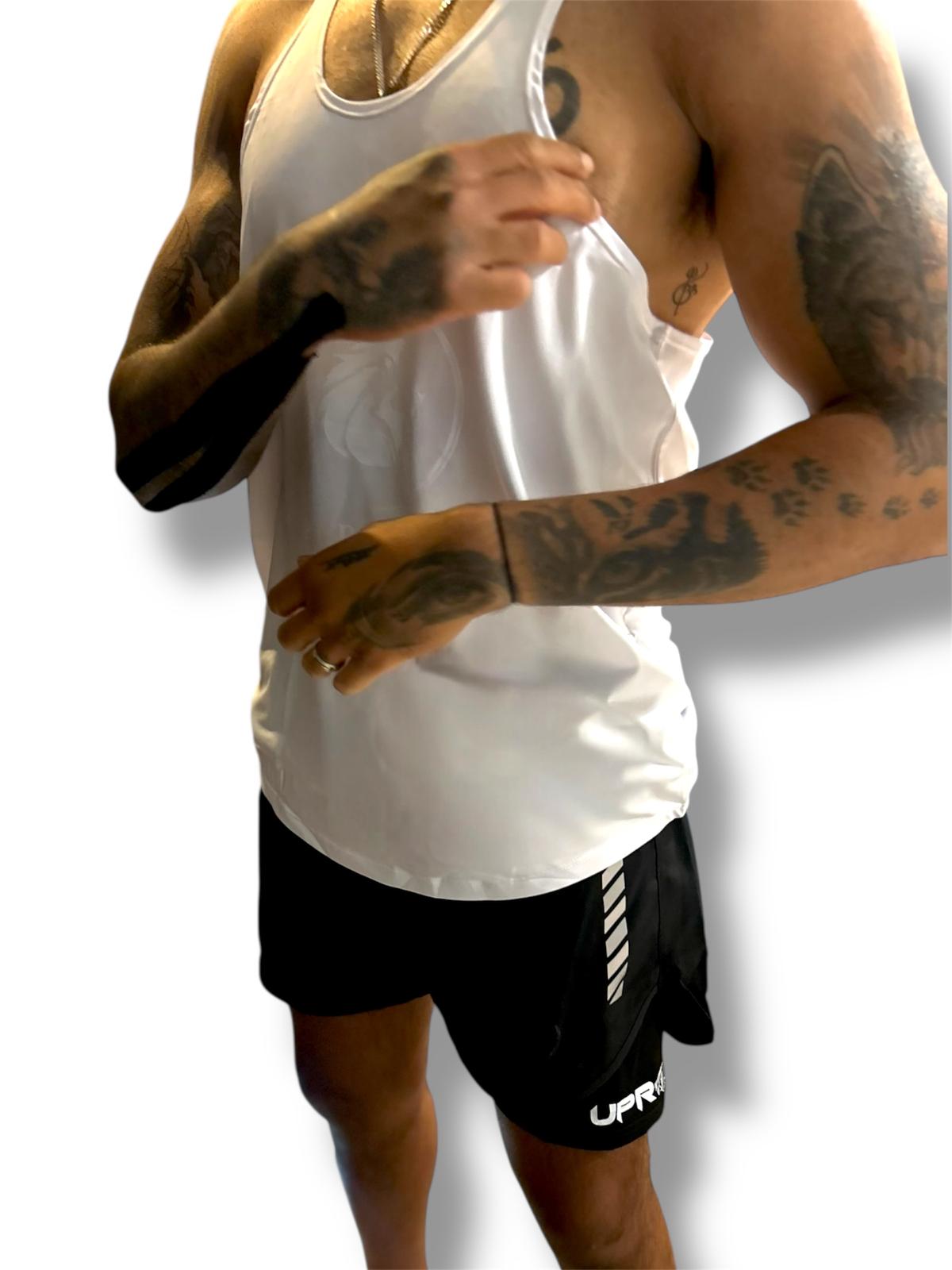 mens white tank top, mens training tank, white crossback shirt for men, y back tank, white crossback training top for men, curved hem tank for men