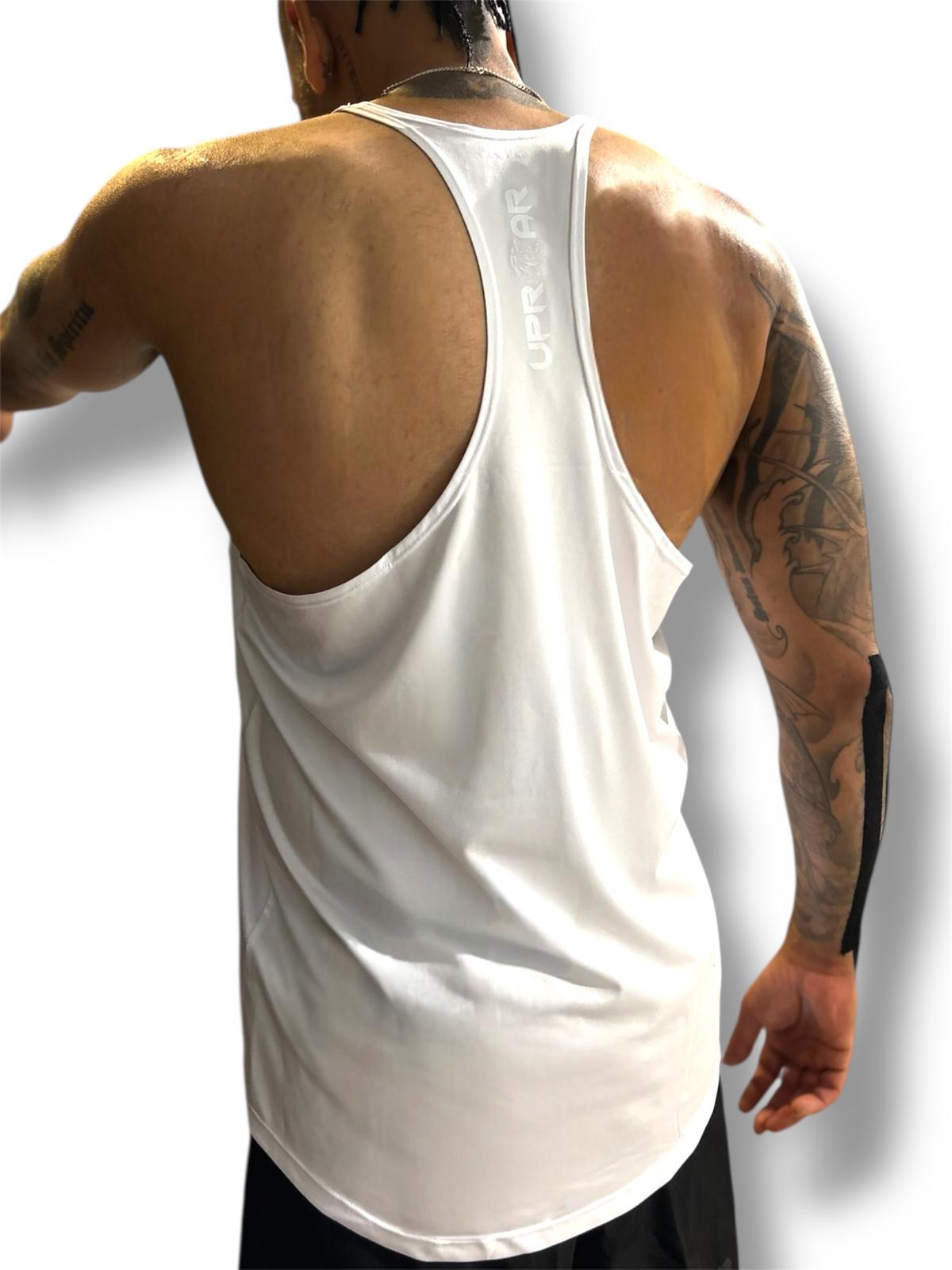 mens white tank top, mens training tank, white crossback shirt for men, y back tank, white crossback training top for men, curved hem tank for men