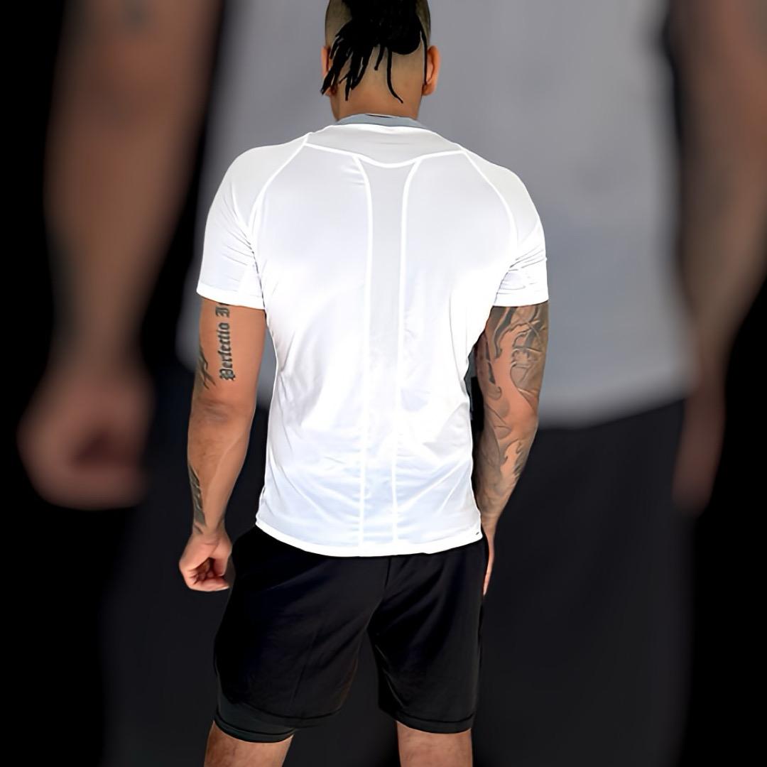 white running top mens, mens tops, mens gym tops, running top, white running shirt, mens white running shirt, semi-compression tops, short sleeve tops men, mens short sleeve top, mens semi-compression white short sleeve top