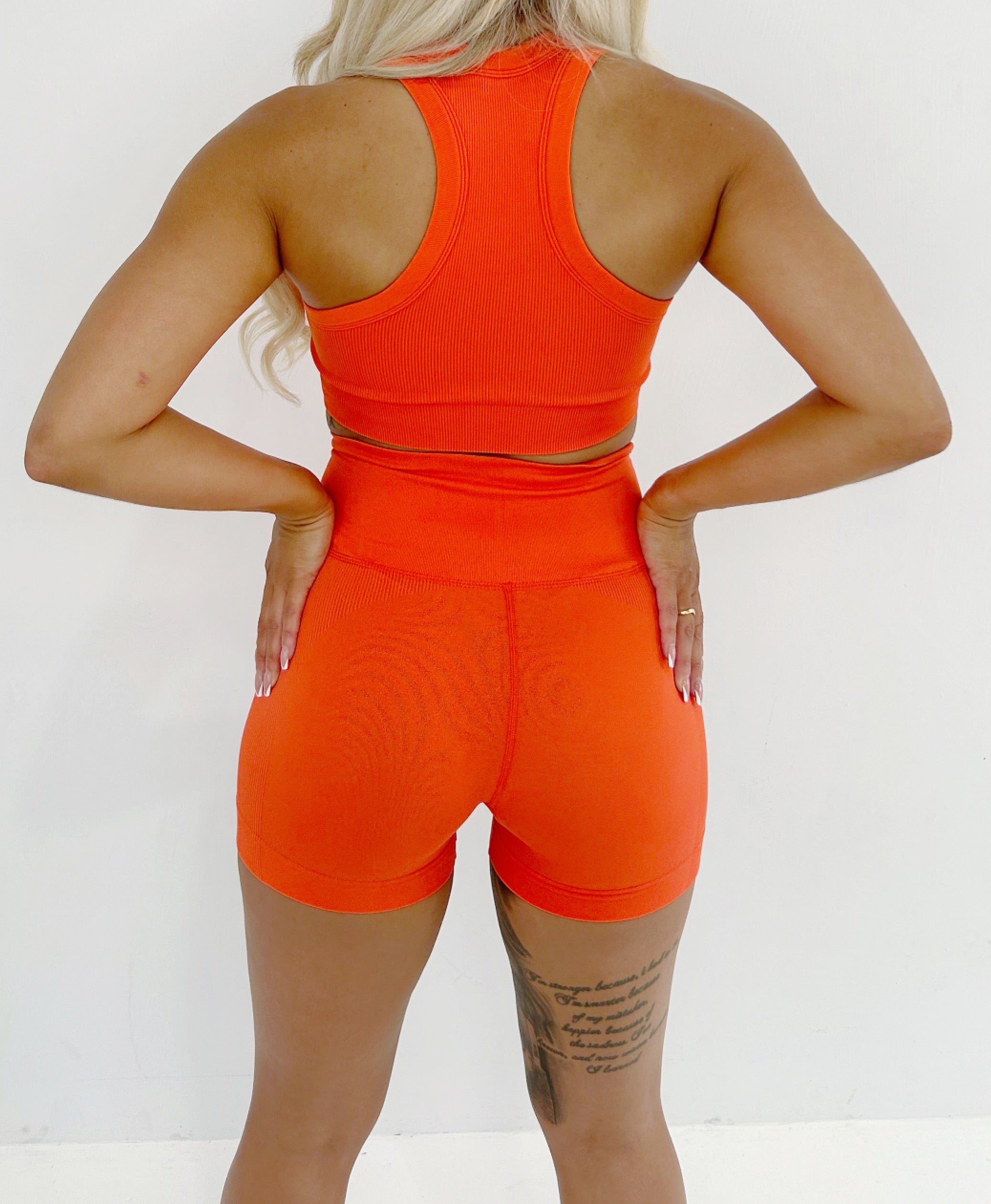 Women's Matching 2 piece Gym Set Ribbed Crop and Shorts BRIGHT ORANGE