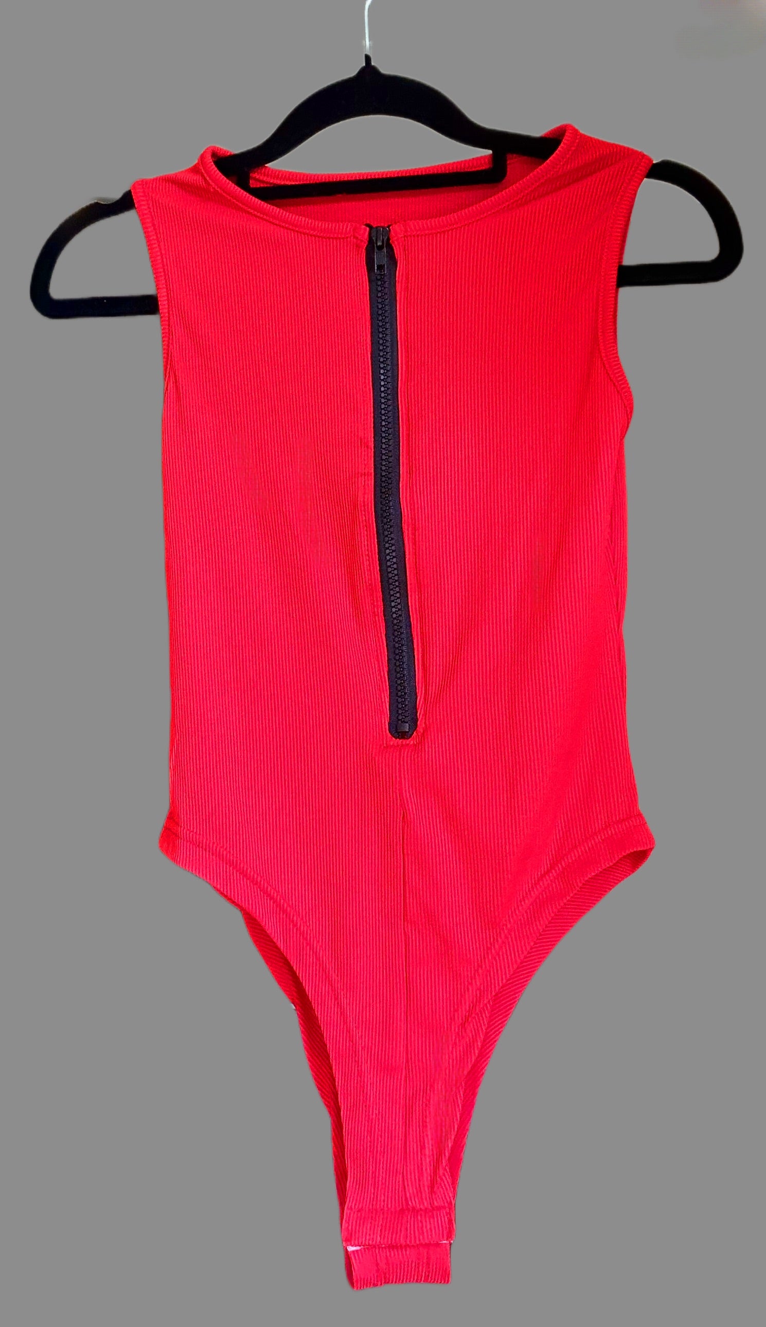 Womens activewear, red onepiece, bodysuit with front zip, sleeveless red zip up bodysuit, womens sportswear, red bodysuit sleeveless with front zip