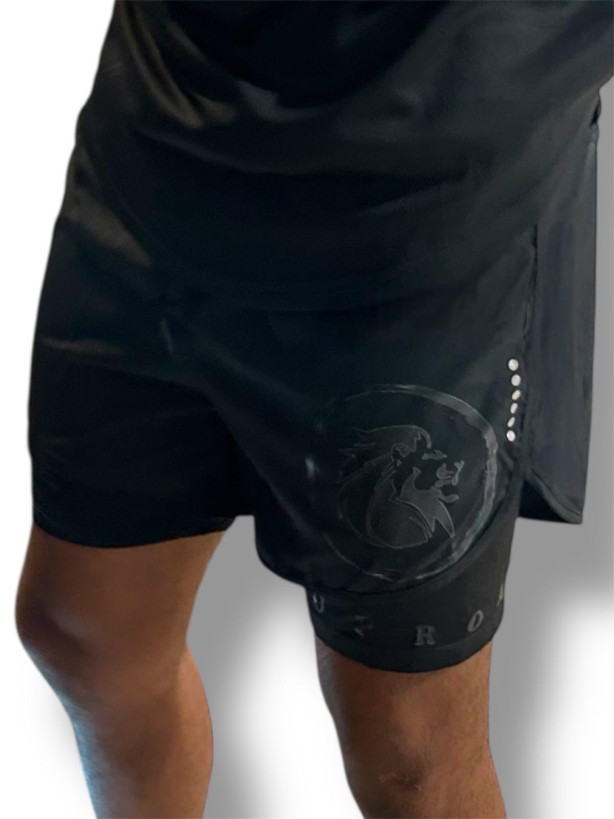 black shorts with underlayer in black, training shorts with no pockets or zips, drawstring waist black training shorts, 2n1 shorts for training