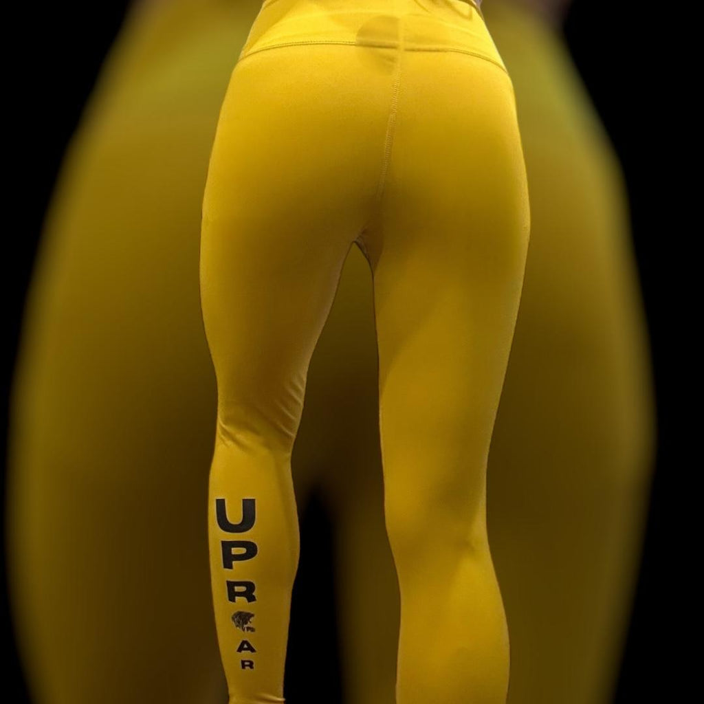 yellow leggings, womens bjj wear, mustard coloured leggings, 1 of a kind leggings, fightwear for women