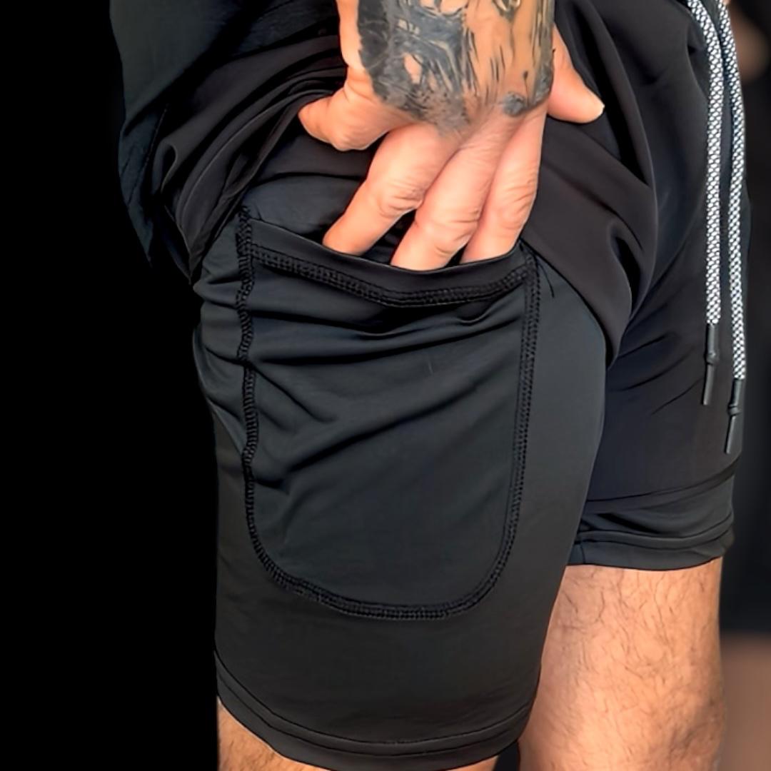 no-gi shorts, 2n1 training shorts, black compression shorts, hybrid shorts, martial arts gear, gym gear, black shorts, inner pocket