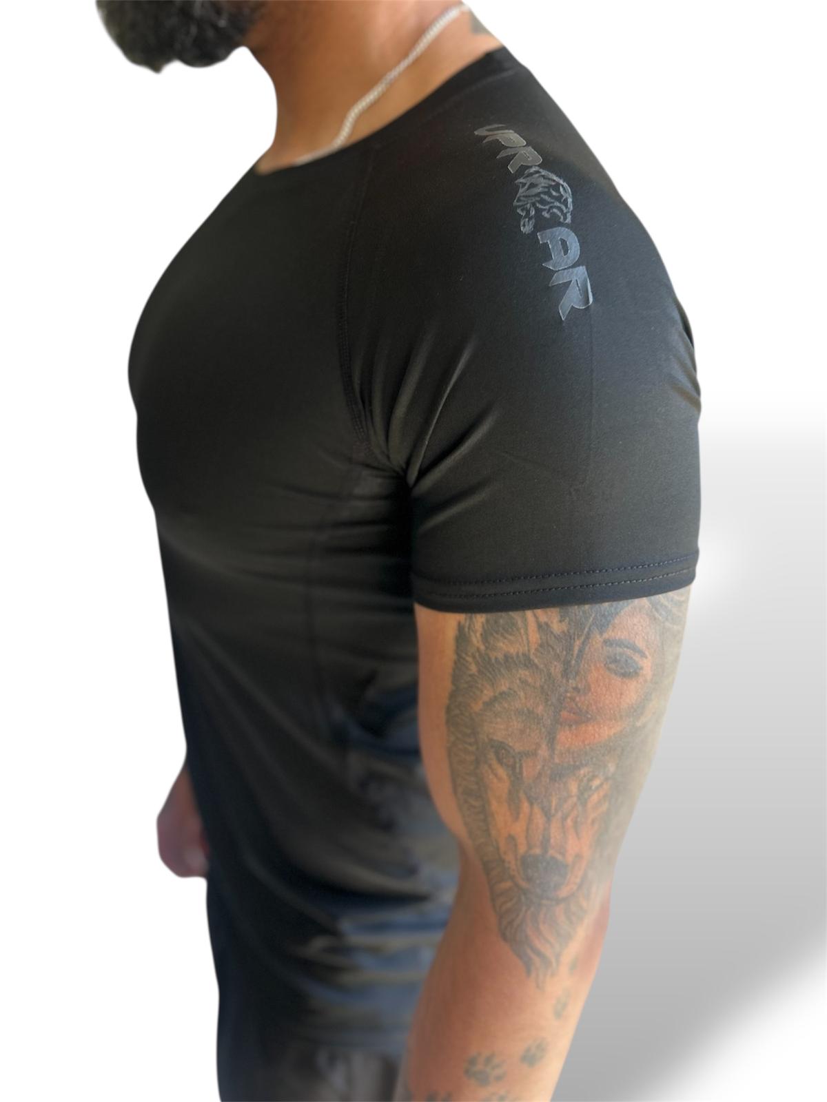 Mens black compression top, black short sleeve training top for men. compression undergarment, rash guard compression short sleeve, mens short sleeve combat shirt