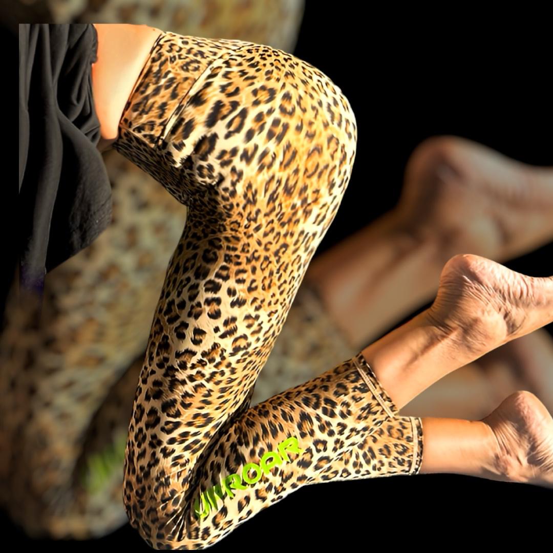 animal print leggings with bright green logo, body sculpting