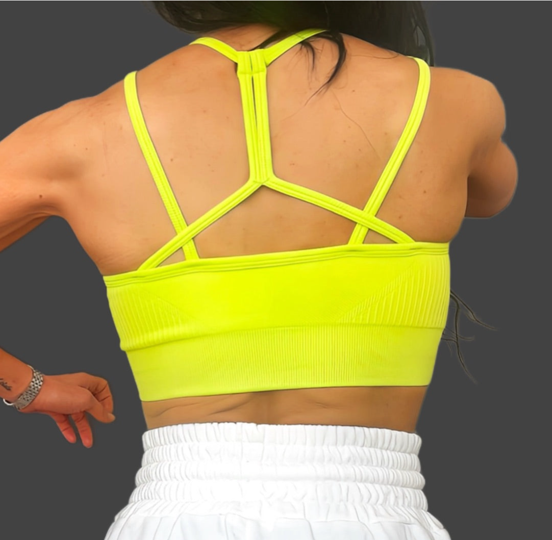 Fluro Green Ribbed Sports Crop with cross back semi compression secure fit