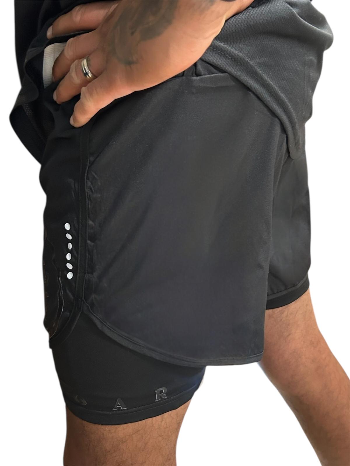 black shorts with underlayer in black, training shorts with no pockets or zips, drawstring waist black training shorts, 2n1 shorts for training