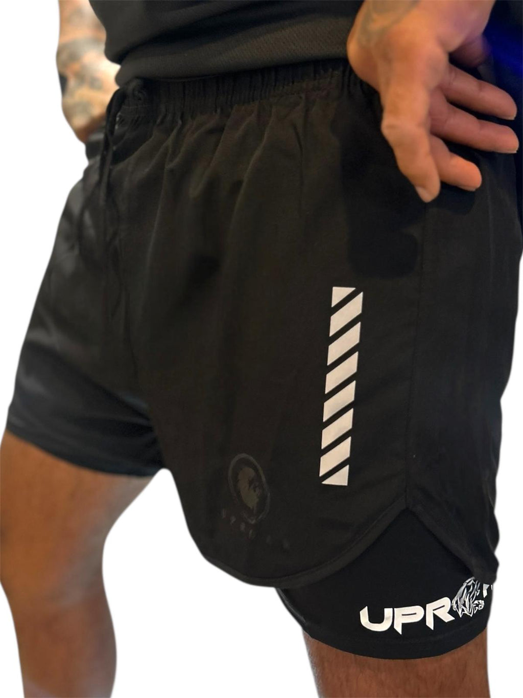 mens black 2n1 training shorts, lightweight with drawstring and elastic waist, no pockets or zips for use in combat training, reflective logo for visibility at night