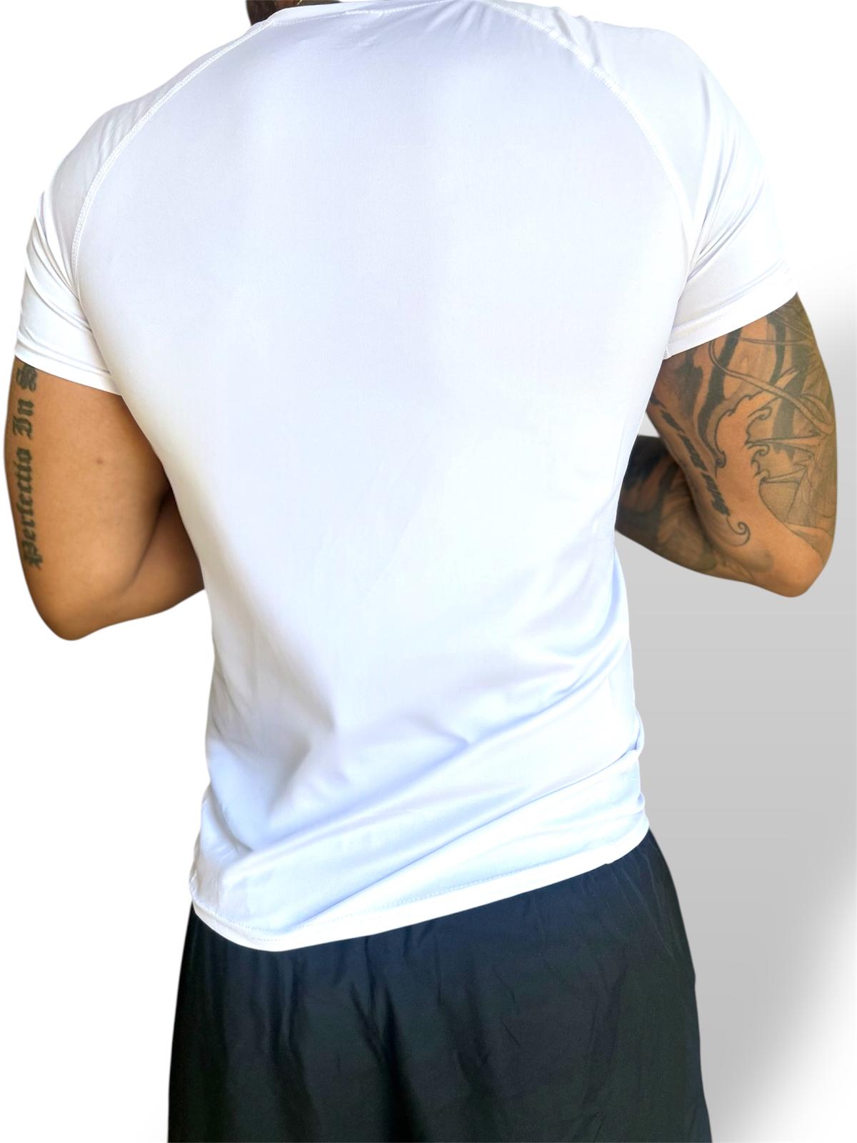 white underlayer compression top, compression wear men, white training top compression, short sleeve compression top, short sleeve gym shirts