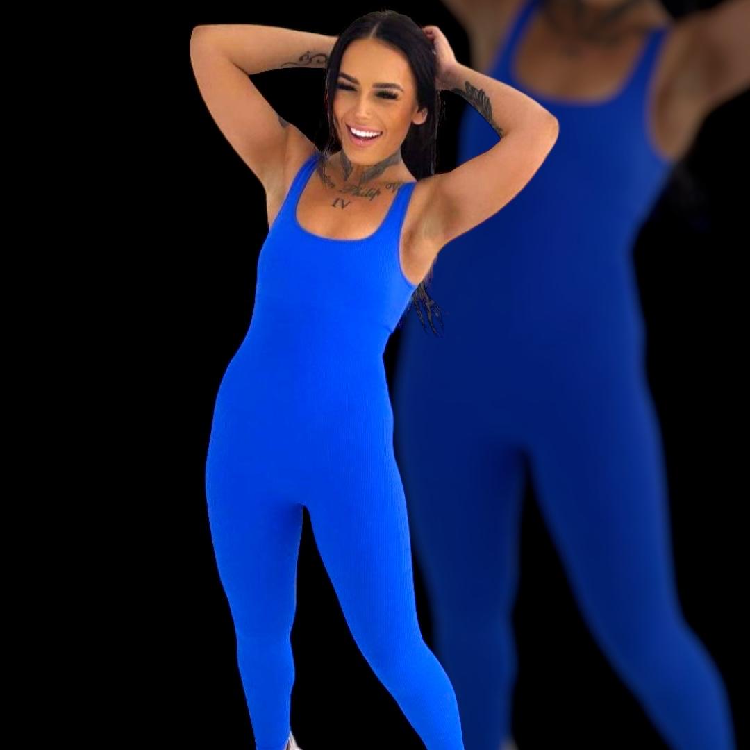 Ribbed Bodysuit for perfect body shaping, full leg, tank top ELECTRIC BLUE anti-cellulite material back view