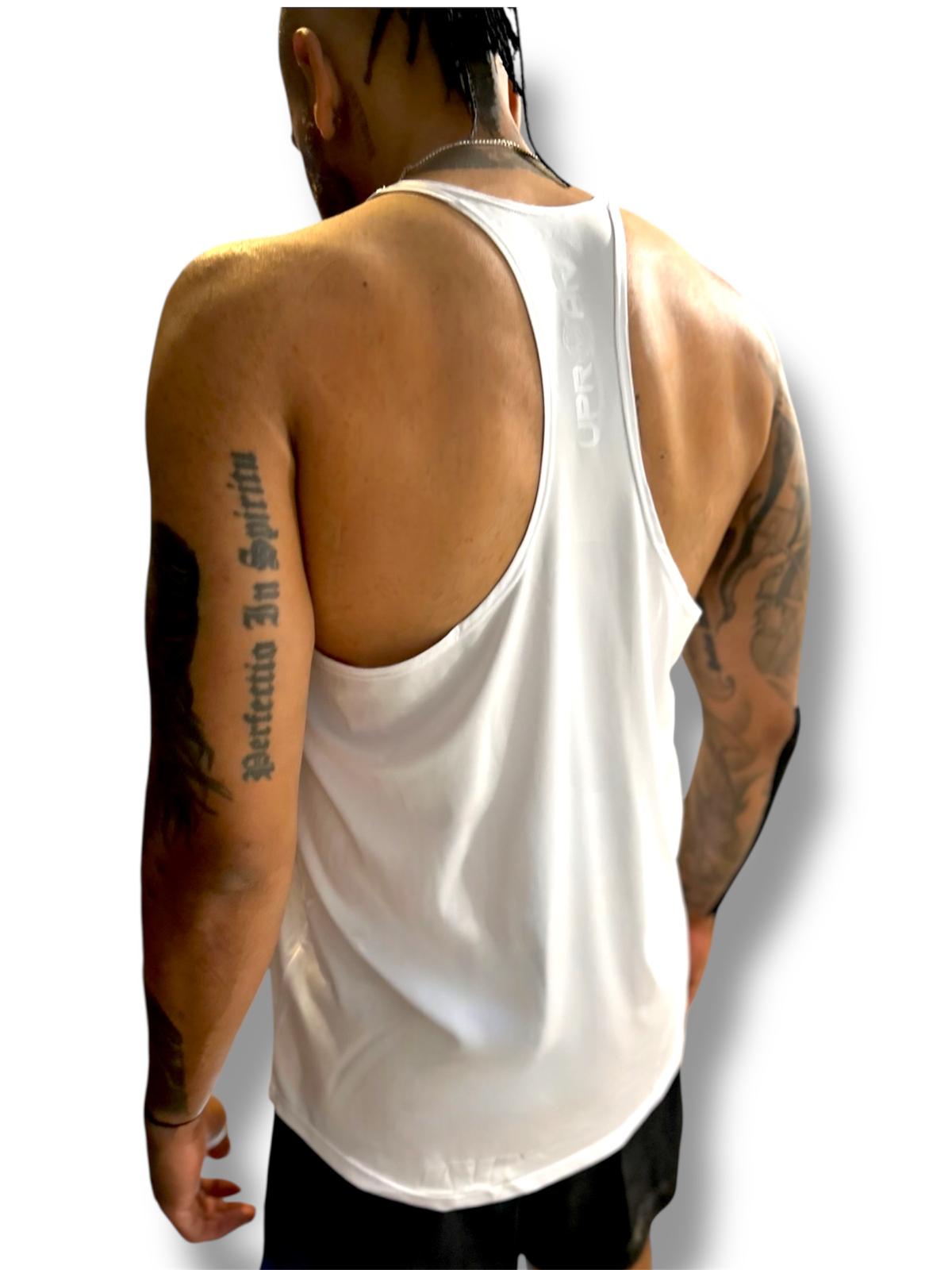 mens white tank top, mens training tank, white crossback shirt for men, y back tank, white crossback training top for men, curved hem tank for men