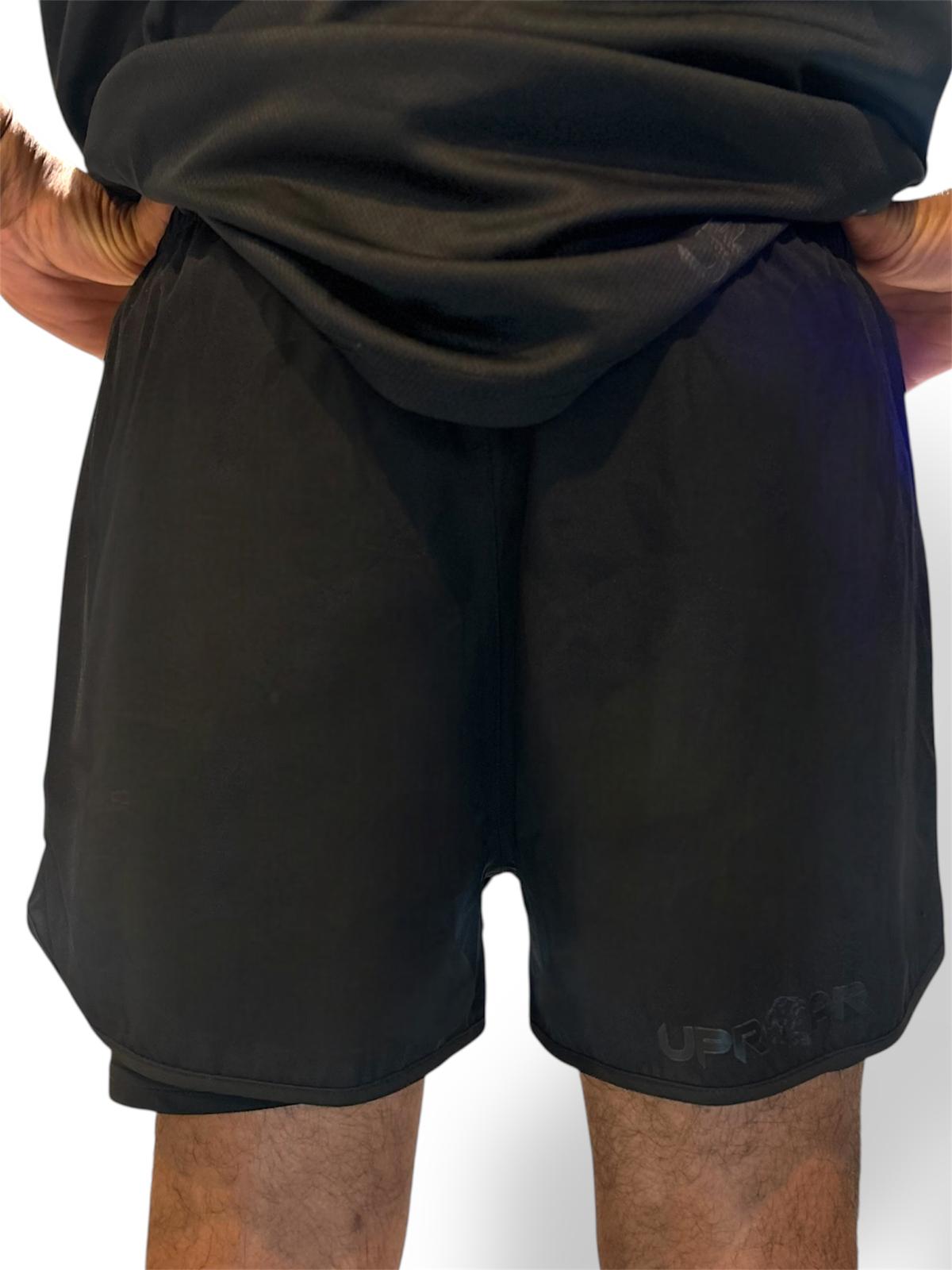 mens black 2n1 training shorts, lightweight with drawstring and elastic waist, no pockets or zips for use in combat training, reflective logo for visibility at night