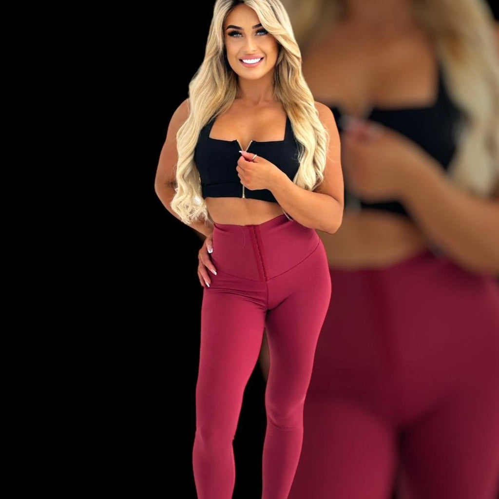 cropped zip through bra for gym, Red Leggings, Red Pants, Red Corset Leggings, Red Corset Pants, Wine Corset Leggings, Wine Corset Pants, Wine Colored Leggings