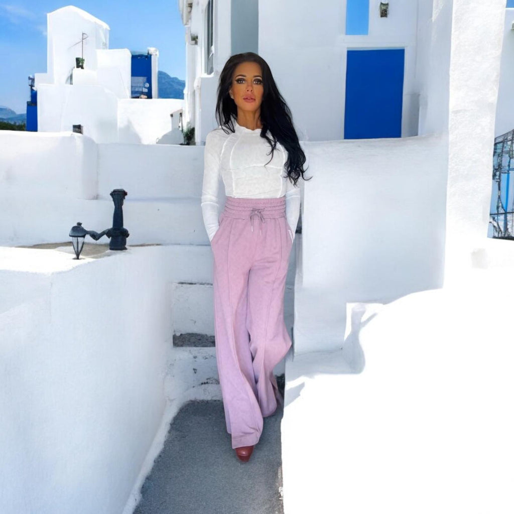 high waisted, sweatpants, cotton fabric, drawstring waist, sewed in front pleat, wide leg , active wear, lifestyle clothes, slimming pants