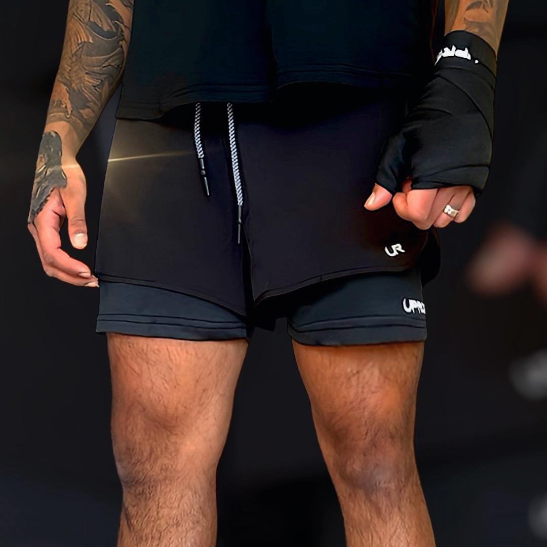 no-gi shorts, 2n1 training shorts, black compression shorts, hybrid shorts, martial arts gear, gym gear, black shorts, inner pocket