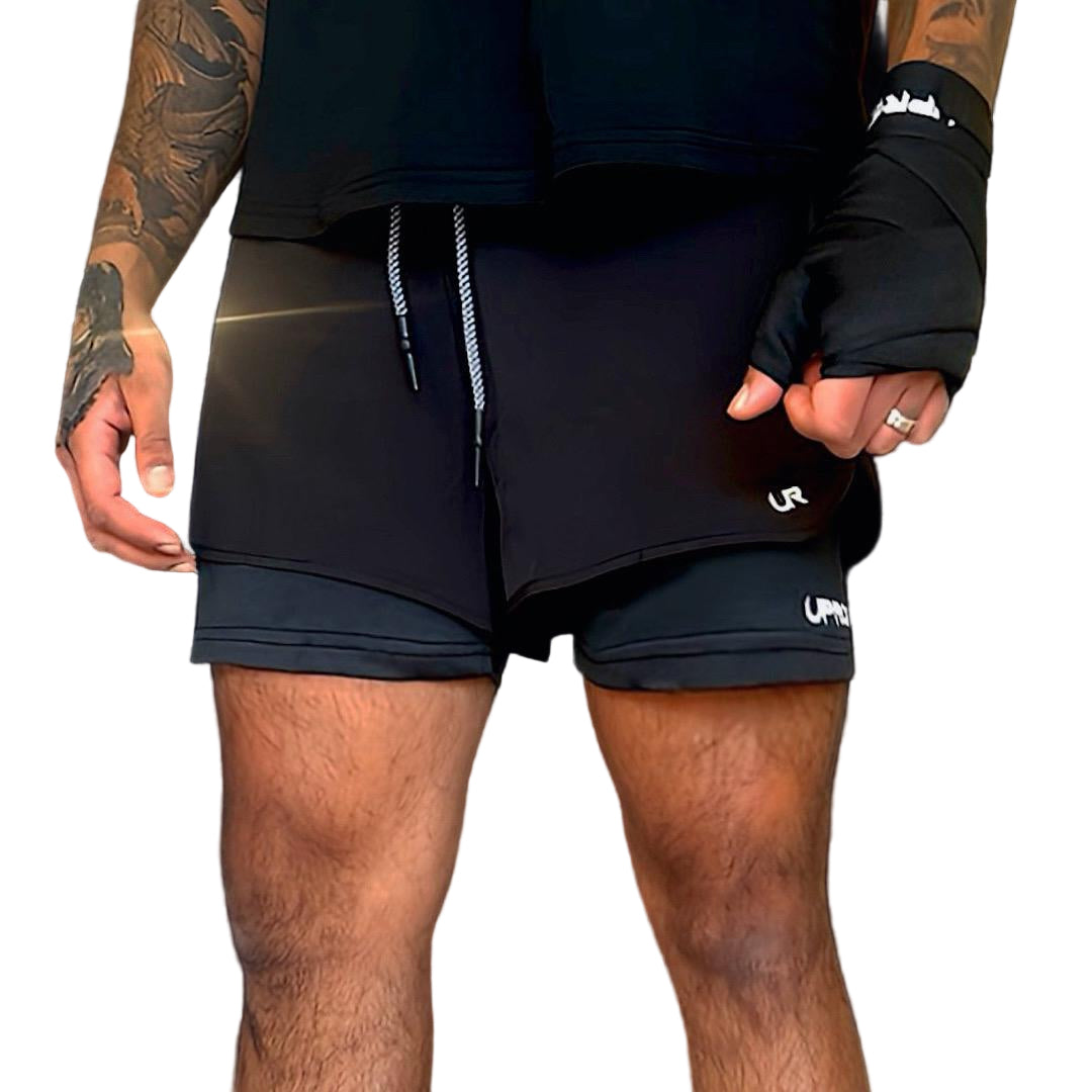 no-gi shorts, 2n1 training shorts, black compression shorts, hybrid shorts, martial arts gear, gym gear, black shorts, inner pocket