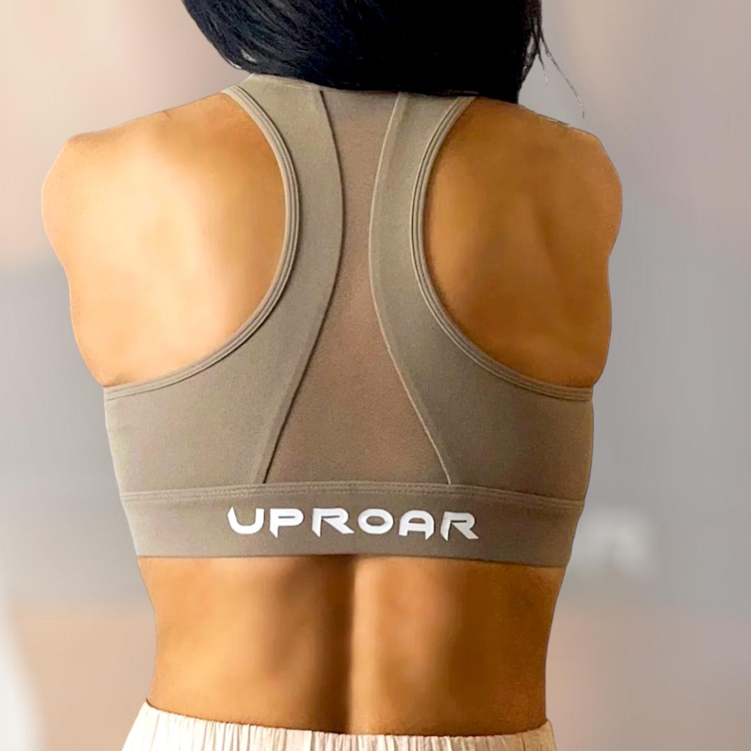 Women's running bra for high impact, with compression and secure fit, removable pad inserts, front zip in coffee colour