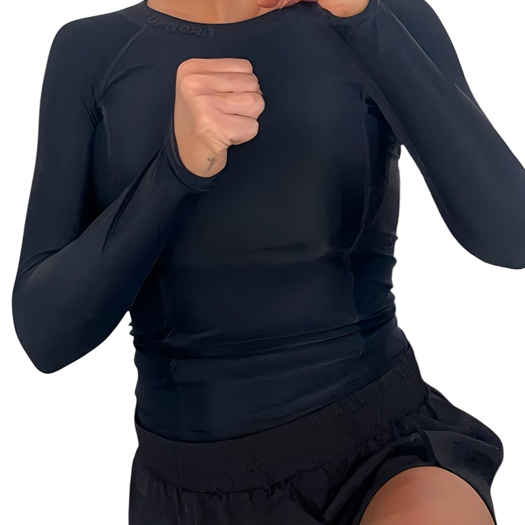 women's long sleeve rashie, black long sleeve rashguard, black rashie, compression wear for women, black long sleeve compression wear for women, compression rashguard