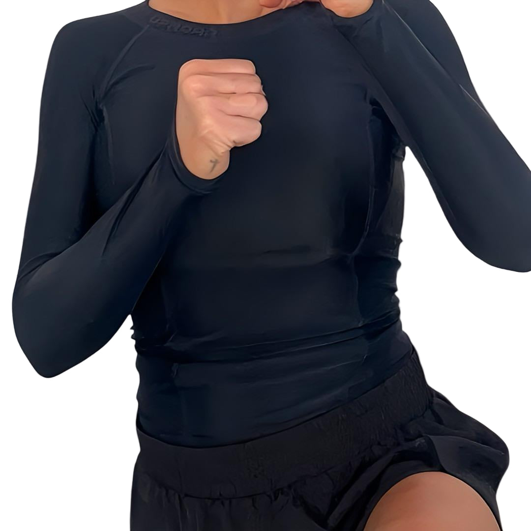 women's long sleeve rashie, black long sleeve rashguard, black rashie, compression wear for women, black long sleeve compression wear for women, compression rashguard