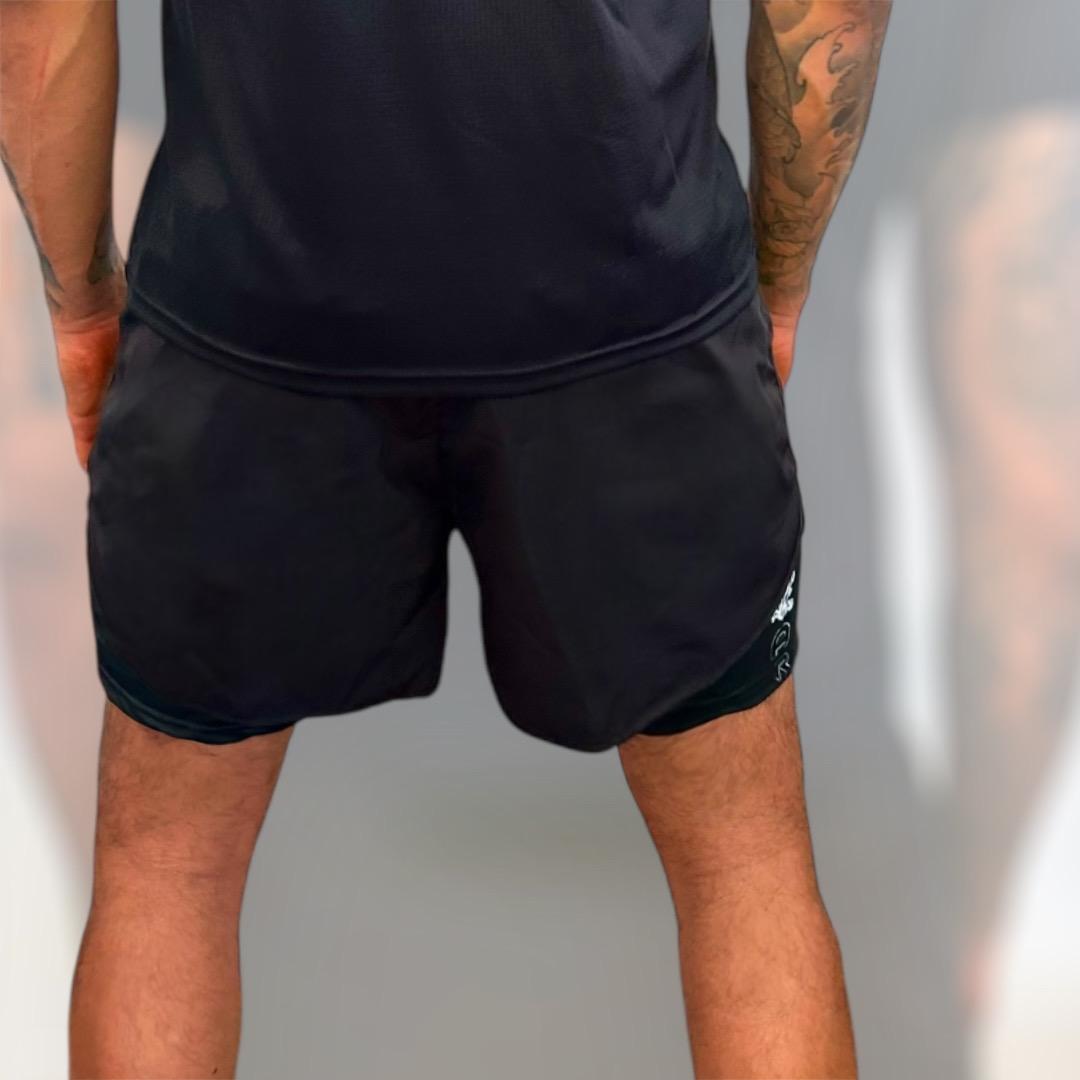 mens black 2n1 shorts, mens black training shorts, shorts for martial arts, MMA shorts black, compression shorts men, black compression shorts for no Gi- wear, black gym shorts for men no pockets