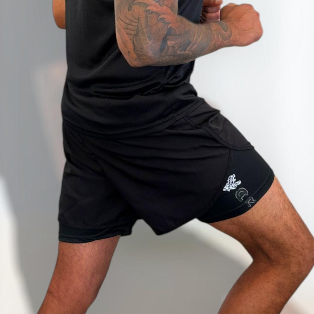 mens black 2n1 shorts, mens black training shorts, shorts for martial arts, MMA shorts black, compression shorts men, black compression shorts for no Gi- wear, black gym shorts for men no pockets