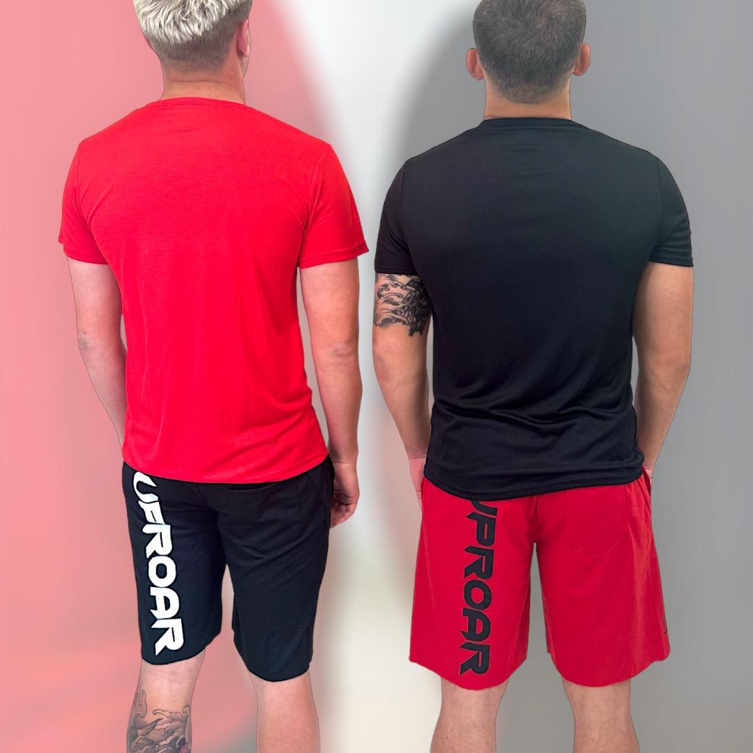 mens gym shorts, knee length gym shorts, red cotton shorts, mens red shorts, activewear, mens gym wear, mens activewear, casual mens shorts