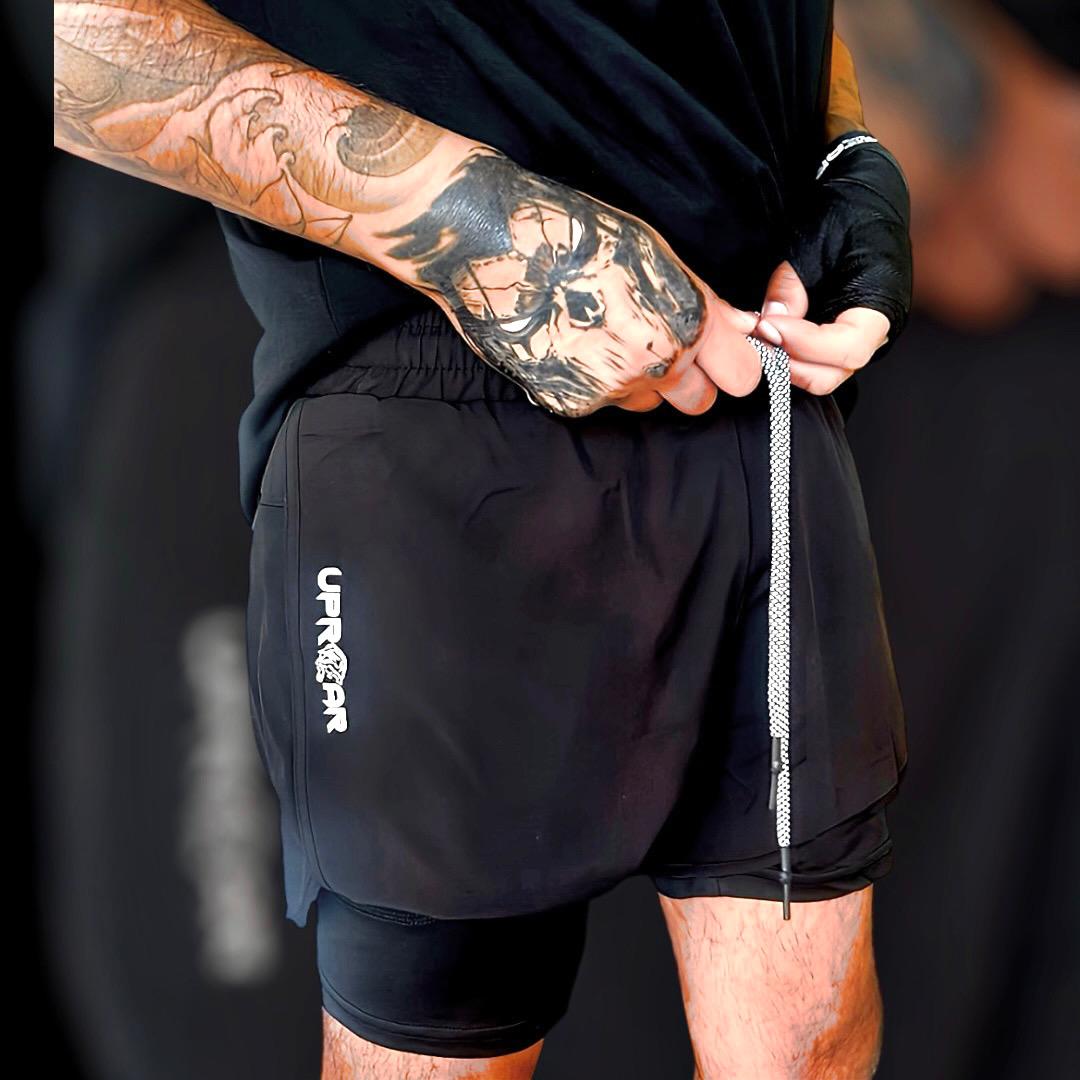no-gi shorts, 2n1 training shorts, black compression shorts, hybrid shorts, martial arts gear, gym gear, black shorts, inner pocket