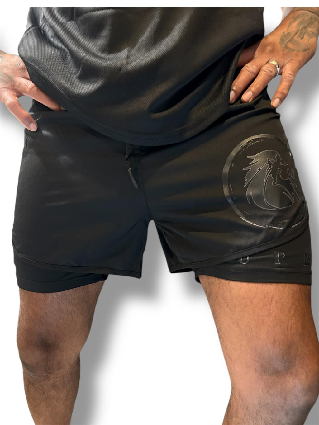 black shorts with underlayer in black, training shorts with no pockets or zips, drawstring waist black training shorts, 2n1 shorts for training