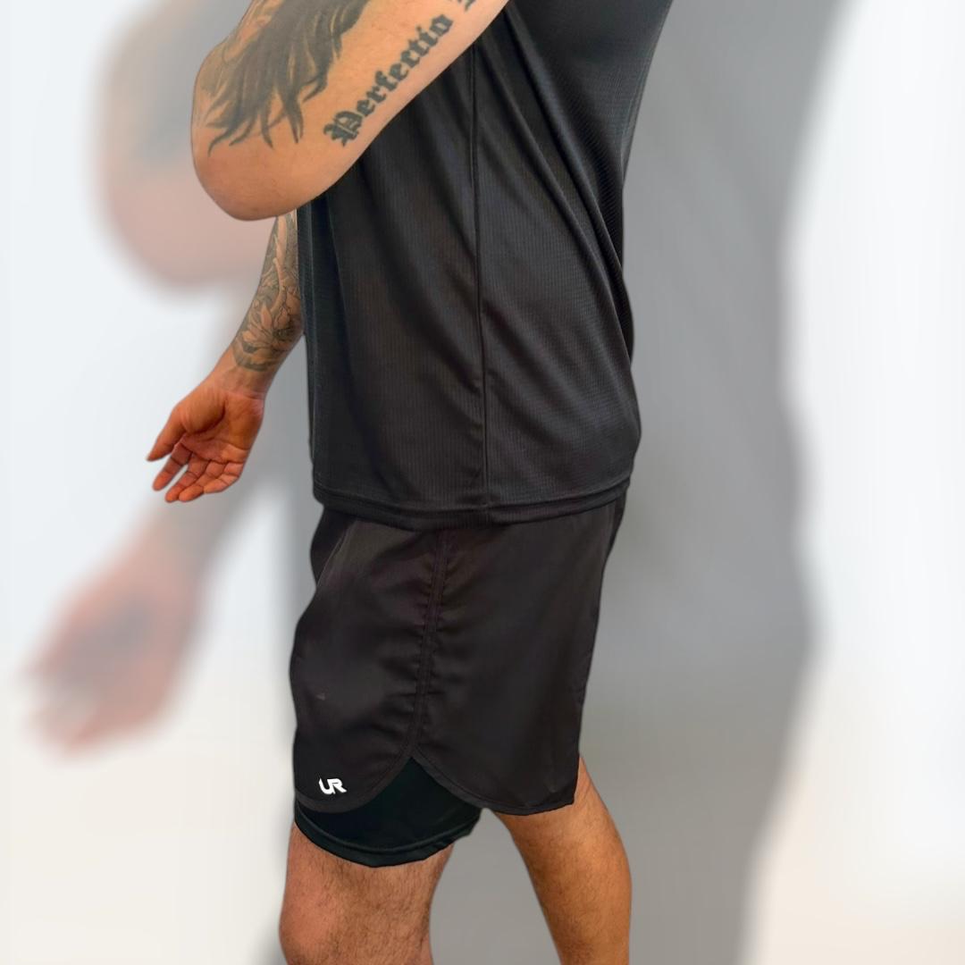 mens black 2n1 shorts, mens black training shorts, shorts for martial arts, MMA shorts black, compression shorts men, black compression shorts for no Gi- wear, black gym shorts for men no pockets