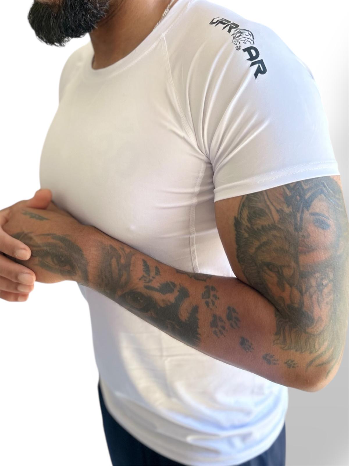 white underlayer compression top, compression wear men, white training top compression, short sleeve compression top, short sleeve gym shirts