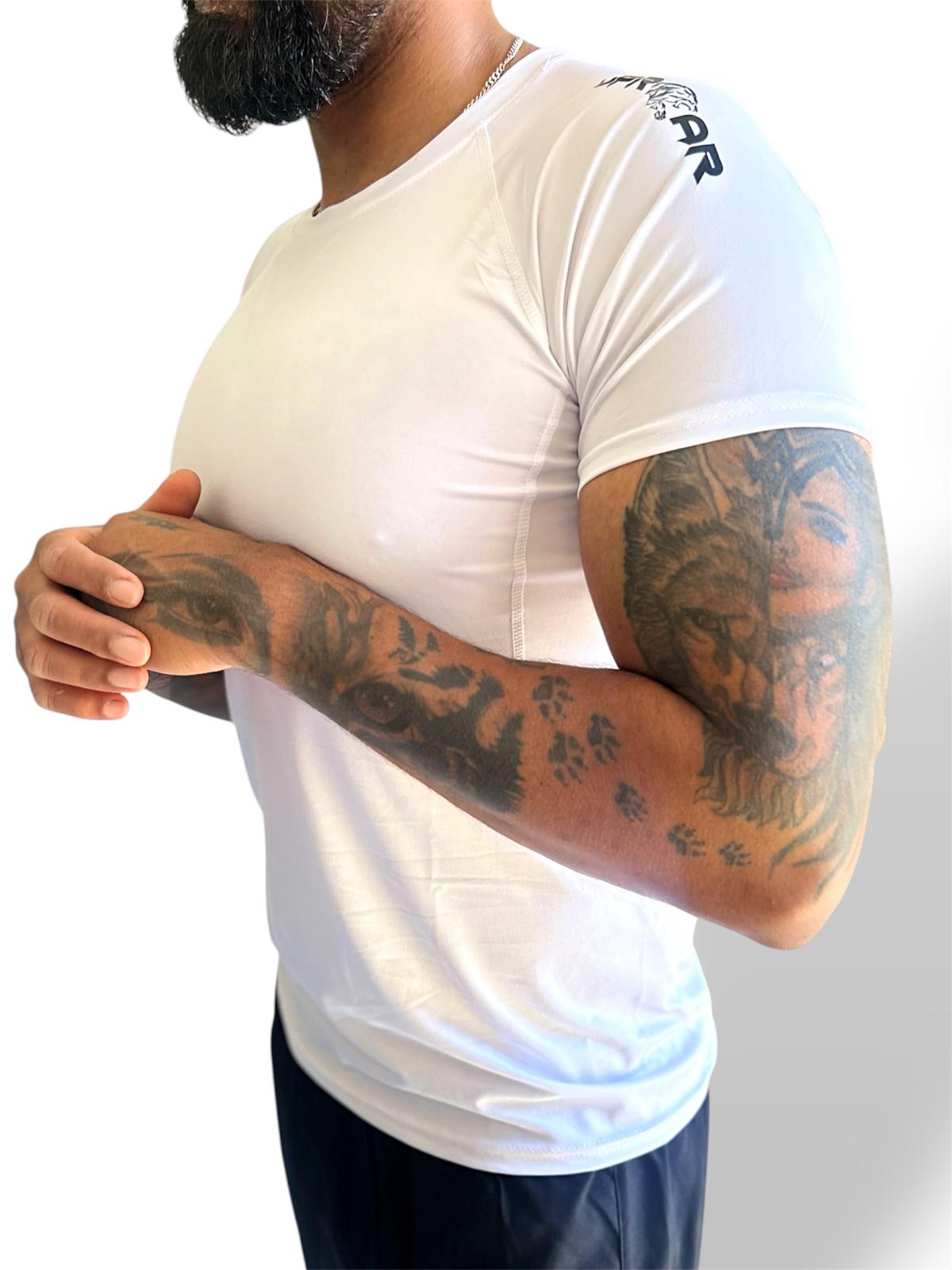 white underlayer compression top, compression wear men, white training top compression, short sleeve compression top, short sleeve gym shirts