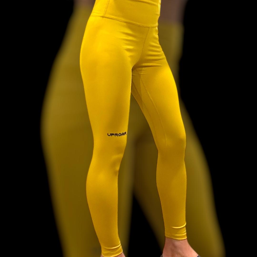 yellow leggings, womens bjj wear, mustard coloured leggings, 1 of a kind leggings, fightwear for women