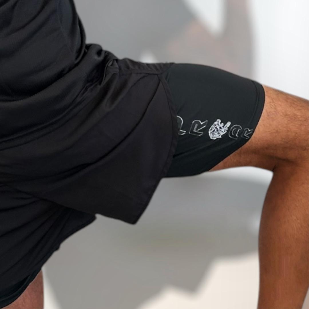 mens black 2n1 shorts, mens black training shorts, shorts for martial arts, MMA shorts black, compression shorts men, black compression shorts for no Gi- wear, black gym shorts for men no pockets